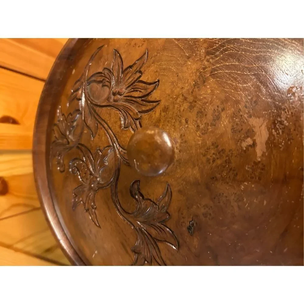 Vintage wood carved bowl with lid floral (7701)